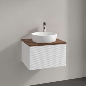 Meuble vasque Villeroy &amp; Boch Antao L29112MT avec éclairage, 1 tiroir, 600 x 360 x 500 mm, façade texturée, laque blanche mate / noyer chaud
