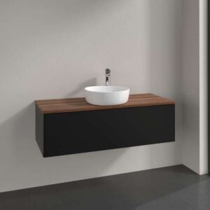 Villeroy und Boch Antao Waschtisch-Unterschrank L32052PD mit Beleuchtung, 1 Auszug, 1200 x 360 x 500 mm, Front ohne Struktur, Black Matt Lacquer / Warm Walnut