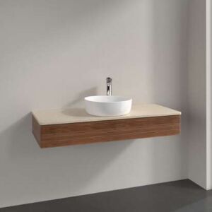 Meuble vasque Villeroy &amp; Boch Antao L10153HM avec éclairage, 1 tiroir, 1200 x 190 x 500 mm, façade texturée, Noyer chaud / Botticino
