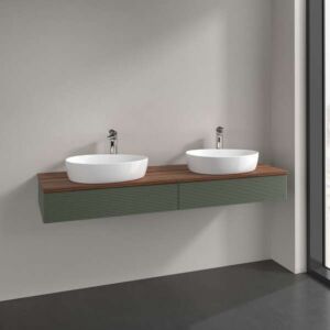 Meuble vasque Villeroy &amp; Boch Antao L17152HL avec éclairage, 2 tiroirs, 1600 x 190 x 500 mm, façade texturée, laque mate Vert Feuille / Noyer Chaud