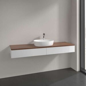 Meuble vasque Villeroy &amp; Boch Antao L14052GF avec éclairage, 2 tiroirs, 1600 x 190 x 500 mm, façade lisse, laque blanche brillante / noyer chaud