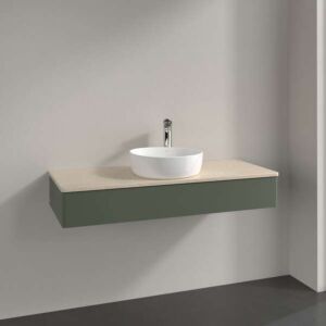 Meuble vasque Villeroy &amp; Boch Antao L10053HL avec éclairage, 1 tiroir, 1200 x 190 x 500 mm, façade lisse, laque mate Vert Feuille / Botticino