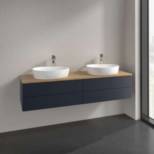 Meuble vasque Villeroy &amp; Boch Antao K28051HG 160 x 36 x 50 cm, percé pour robinetterie, plan vasque couleur chêne miel, laque mate bleu nuit