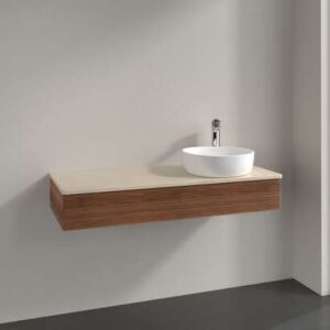 Meuble vasque Villeroy &amp; Boch Antao L12113HM avec éclairage, 1 tiroir, 1200 x 190 x 500 mm, façade texturée, Noyer chaud / Botticino