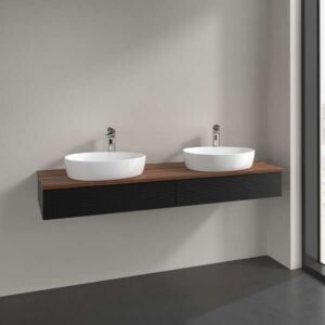 Meuble vasque Villeroy &amp; Boch Antao L17152PD avec éclairage, 2 tiroirs, 1600 x 190 x 500 mm, façade texturée, laque noire mate / noyer chaud