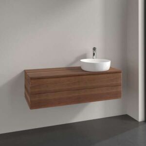 Villeroy &amp; Boch Antao vanity unit L23152HM with lighting, 2 drawers, 1200 x 360 x 500 mm, textured front, Warm Walnut / Warm Walnut