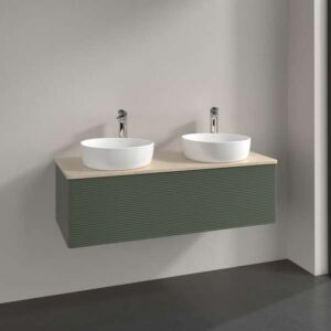 Meuble vasque Villeroy &amp; Boch Antao L35113HL avec éclairage, 1 tiroir, 1200 x 360 x 500 mm, façade texturée, laque mate Vert Feuille / Botticino