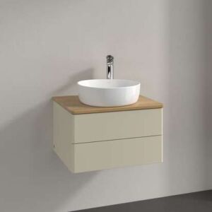 Meuble vasque Villeroy &amp; Boch Antao L18051HJ avec éclairage, 2 tiroirs, 600 x 360 x 500 mm, façade lisse, laque mate Gris Soie / Chêne Miel