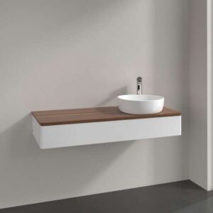 Meuble vasque Villeroy &amp; Boch Antao L12052GF avec éclairage, 1 tiroir, 1200 x 190 x 500 mm, façade lisse, laque blanche brillante / noyer chaud