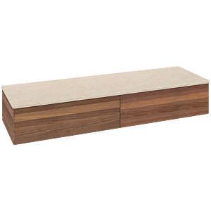 Villeroy &amp; Boch Antao sideboard L42003HM with lighting, 2 drawers, 1600 x 268 x 500 mm, smooth front, Warm Walnut / Botticino