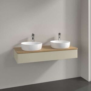 Meuble vasque Villeroy &amp; Boch Antao L13011HJ avec éclairage, 1 tiroir, 1200 x 190 x 500 mm, façade lisse, laque mate Gris Soie / Chêne Miel