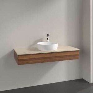 Meuble vasque Villeroy &amp; Boch Antao L10013HM avec éclairage, 1 tiroir, 1200 x 190 x 500 mm, façade lisse, Noyer chaud / Botticino
