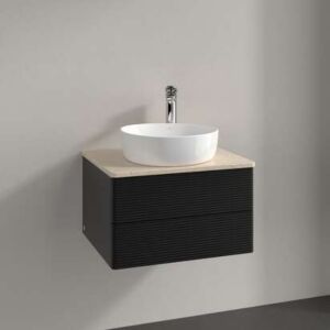 Meuble vasque Villeroy &amp; Boch Antao L18153PD avec éclairage, 2 tiroirs, 600 x 360 x 500 mm, façade texturée, laque noire mate / Botticino