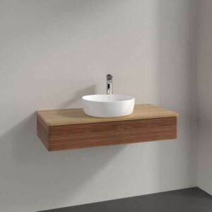 Villeroy und Boch Antao Waschtisch-Unterschrank L09151HM mit Beleuchtung, 1 Auszug, 1000 x 190 x 500 mm, Front mit Struktur, Warm Walnut / Honey Oak