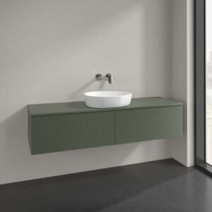 Meuble-lavabo Villeroy &amp; Boch Antao L36150HL avec éclairage, 2 tiroirs, 1600 x 360 x 500 mm, façade texturée, laque mate Vert Feuille / Laque mate Vert Feuille