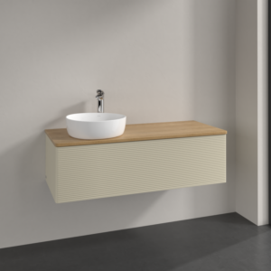 Villeroy &amp; Boch Antao vanity unit L33151HJ with lighting, 120x36x50cm, tap hole, washbasin top color honey oak, silk grey matt lacquer