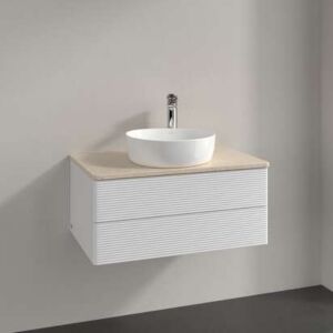 Meuble vasque Villeroy &amp; Boch Antao L19153GF avec éclairage, 2 tiroirs, 800 x 360 x 500 mm, façade texturée, laque blanche brillante / Botticino