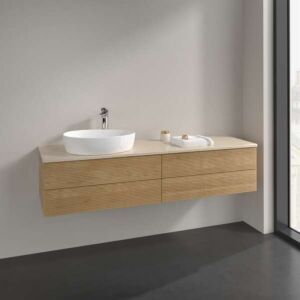 Meuble vasque Villeroy &amp; Boch Antao L26153HN avec éclairage, 4 tiroirs, 1600 x 360 x 500 mm, façade texturée, Chêne Miel / Botticino