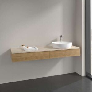 Villeroy und Boch Antao Waschtisch-Unterschrank L16113HN mit Beleuchtung, 2 Auszüge, 1600 x 190 x 500 mm, Front mit Struktur, Honey Oak / Botticino