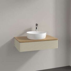 Villeroy und Boch Antao Waschtisch-Unterschrank L08111HJ mit Beleuchtung, 1 Auszug, 800 x 190 x 500 mm, Front mit Struktur, Silk Grey Matt Lacquer / Honey Oak