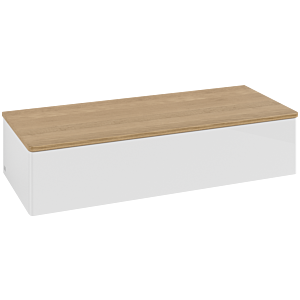 Villeroy &amp; Boch Antao Sideboard L41001GF with lighting, 1 drawer, 1200 x 268 x 500 mm, smooth front, Glossy White Lacquer / Honey Oak