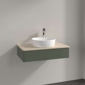 Villeroy und Boch Antao Waschtisch-Unterschrank L08053HL mit Beleuchtung, 1 Auszug, 800 x 190 x 500 mm, Front ohne Struktur, Leaf Green Matt Lacquer / Botticino