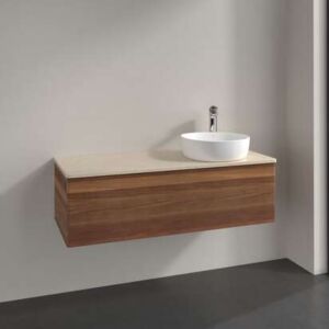 Meuble vasque Villeroy &amp; Boch Antao L34053HM avec éclairage, 1 tiroir, 1200 x 360 x 500 mm, façade lisse, Noyer chaud / Botticino