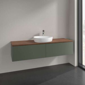 Villeroy &amp; Boch Antao vanity unit K36052HL 160x36x50cm, tap hole, washbasin top color warm walnut, leaf green matt lacquer