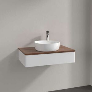 Villeroy &amp; Boch Antao vanity unit L08012GF with lighting, 1 drawer, 800 x 190 x 500 mm, smooth front, Glossy White Lacquer / Warm Walnut