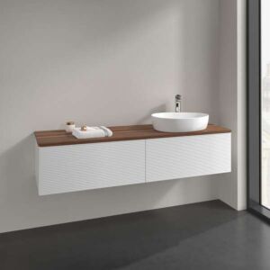 Meuble vasque Villeroy &amp; Boch Antao K38152GF 160 x 36 x 50 cm, percé pour robinetterie, plan vasque couleur noyer chaud, laque blanche brillante