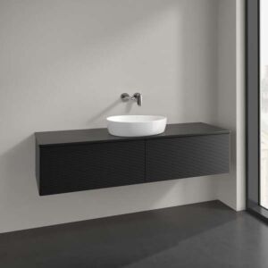 Meuble vasque Villeroy &amp; Boch Antao L36150PD avec éclairage, 2 tiroirs, 1600 x 360 x 500 mm, façade texturée, laque noire mate / laque noire mate