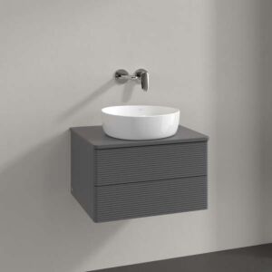 Meuble vasque Villeroy &amp; Boch Antao L18150GK avec éclairage, 2 tiroirs, 600 x 360 x 500 mm, façade texturée, laque anthracite mate.
