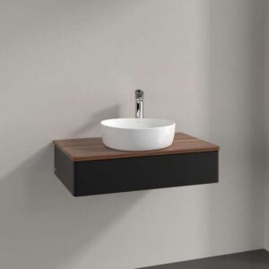Villeroy und Boch Antao Waschtisch-Unterschrank L08052PD mit Beleuchtung, 1 Auszug, 800 x 190 x 500 mm, Front ohne Struktur, Black Matt Lacquer / Warm Walnut