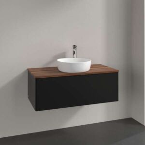 Villeroy &amp; Boch Antao vanity unit K31052PD 100x36x50cm, tap hole, washbasin top color warm walnut, black matt lacquer