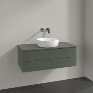 Meuble vasque Villeroy &amp; Boch Antao L20150HL avec éclairage, 2 tiroirs, 1000 x 360 x 500 mm, façade texturée, laque mate Vert Feuille / Laque mate Vert Feuille