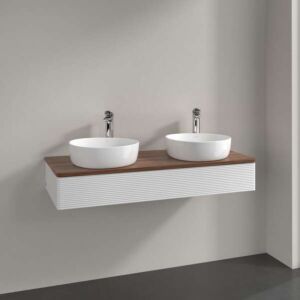 Villeroy &amp; Boch Antao vanity unit L13112GF with lighting, 1 drawer, 1200 x 190 x 500 mm, textured front, Glossy White Lacquer / Warm Walnut