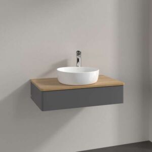 Villeroy und Boch Antao Waschtisch-Unterschrank L08011GK mit Beleuchtung, 1 Auszug, 800 x 190 x 500 mm, Front ohne Struktur, Anthracite Matt Lacquer / Honey Oak