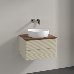 Meuble vasque Villeroy &amp; Boch Antao L18112HJ 60 x 36 x 50 cm, plan vasque couleur noyer chaud, laque mate gris soie