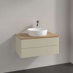 Villeroy und Boch Antao Waschtisch-Unterschrank L19011HJ mit Beleuchtung, 2 Auszüge, 800 x 360 x 500 mm, Front ohne Struktur, Silk Grey Matt Lacquer / Honey Oak