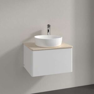 Meuble vasque Villeroy &amp; Boch Antao K29053GF 60 x 36 x 50 cm, percé pour robinetterie, plan vasque couleur Botticino, laque blanche brillante