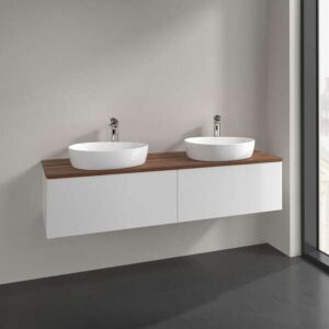 Meuble vasque Villeroy &amp; Boch Antao L39052GF avec éclairage, 2 tiroirs, 1600 x 360 x 500 mm, façade lisse, laque blanche brillante / noyer chaud