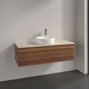 Villeroy und Boch Antao Waschtisch-Unterschrank L32013HM mit Beleuchtung, 1 Auszug, 1200 x 360 x 500 mm, Front ohne Struktur, Warm Walnut / Botticino