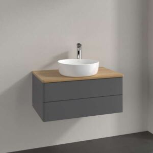 Villeroy &amp; Boch Antao vanity unit L19051GK with lighting, 2 drawers, 800 x 360 x 500 mm, smooth front, Anthracite Matt Lacquer / Honey Oak