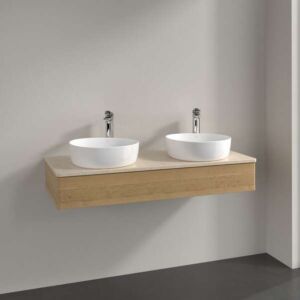 Villeroy &amp; Boch Antao vanity unit L13053HN with lighting, 1 drawer, 1200 x 190 x 500 mm, smooth front, Honey Oak / Botticino