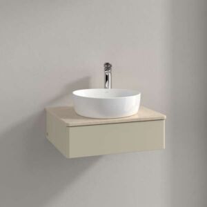 Villeroy und Boch Antao Waschtisch-Unterschrank L07013HJ mit Beleuchtung, 1 Auszug, 600 x 190 x 500 mm, Front ohne Struktur, Silk Grey Matt Lacquer / Botticino