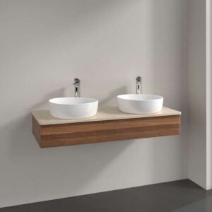 Villeroy &amp; Boch Antao vanity unit L13013HM with lighting, 1 drawer, 1200 x 190 x 500 mm, smooth front, Warm Walnut / Botticino