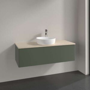 Villeroy &amp; Boch Antao vanity unit L32013HL with lighting, 1 drawer, 1200 x 360 x 500 mm, smooth front, Leaf Green Matt Lacquer / Botticino