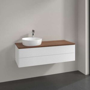 Meuble vasque Villeroy &amp; Boch Antao K22152MT 120 x 36 x 50 cm, percé pour robinetterie, plan vasque couleur noyer chaud, laque blanche mate