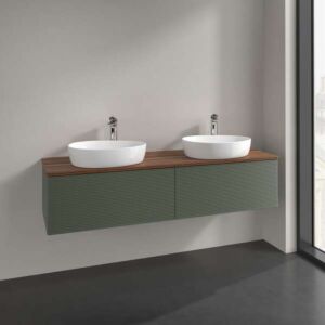 Meuble vasque Villeroy &amp; Boch Antao L39152HL avec éclairage, 2 tiroirs, 1600 x 360 x 500 mm, façade texturée, laque mate Vert Feuille / Noyer Chaud