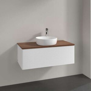 Meuble vasque Villeroy &amp; Boch Antao K31112MT 100 x 36 x 50 cm, plan vasque couleur noyer chaud, laque blanche mate